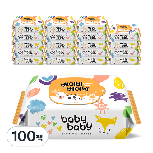 베이비베이비 아기 물티슈 휴대용 리필형, 20매입, 100팩