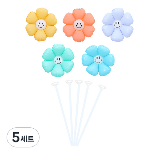 피앤비유니티 무광스마일 데이지풍선 5종 + 스틱 5p 세트, 08 혼합색상, 5세트