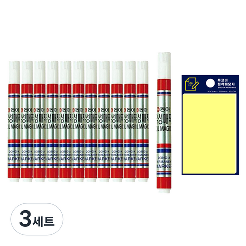 동아 슬림유성매직 12p + 투코비 스티키 메모패드 세트, 적색(유성매직), 노랑(포스트인), 3세트