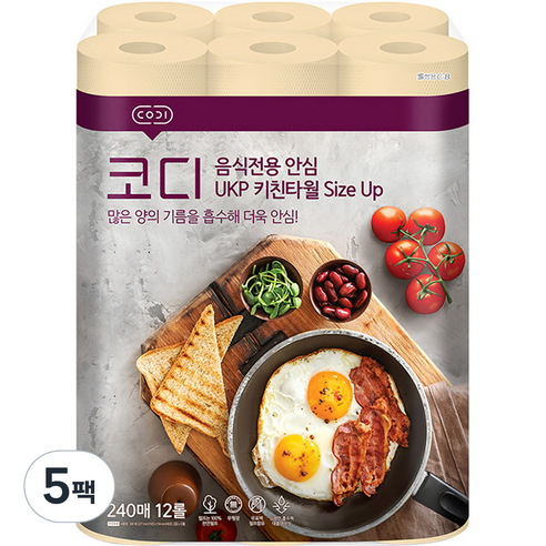 코디 음식전용 안심 Size Up 키친타올, 12롤, 5개