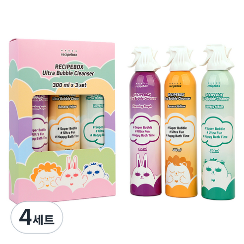 레시피박스 유아용 거품목욕 울트라 버블클렌저 챠밍퍼플 300ml + 바나나옐로우 300ml + 스위티멜론 300ml 세트, 4세트