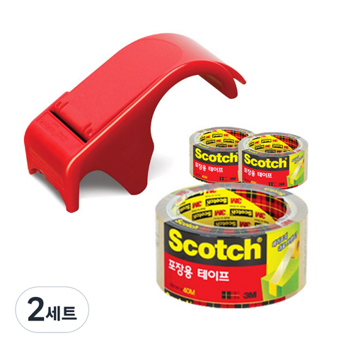 스카치 포장용 박스 테이프 디스펜서 DP-300RD + 투명 포장용 테이프 3650 48mm × 40m 3개, 혼합 색상, 2세트