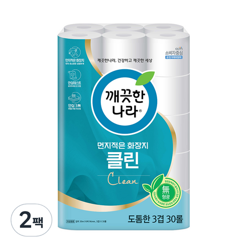 깨끗한나라 3겹 먼지적은 화장지 클린 30m, 2팩, 30롤
