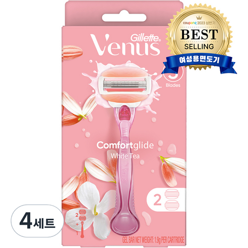 Venus 컴포트 글라이드 화이트티 여성용 면도기 핸들1입 + 면도날2입, 4세트