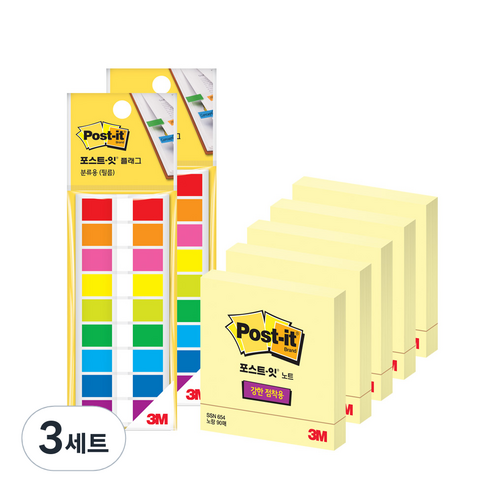 쓰리엠 포스트잇 플래그 분류용 필름 683-9KN 2p + 강한점착용 노트 654 노랑 5p, 혼합색상, 3세트