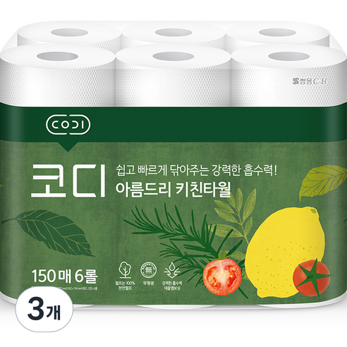 코디 아름드리 천연펄프 키친타올 150매, 6개입, 3개