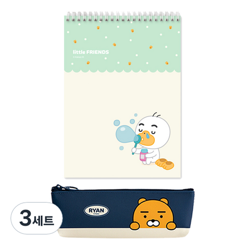 카카오프렌즈 모던st 미니 삼각 필통 + 상철 스프링 노트 문구세트, 네이비 라이언(필통), 리틀튜브(스프링 노트), 3세트