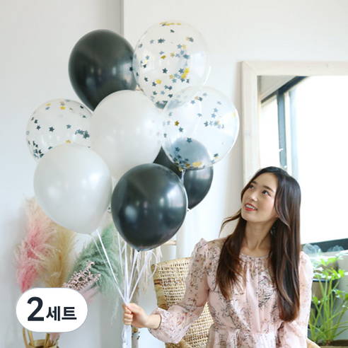 파티해 펄 혼합 모던믹스 스타 컨페티 풍선 30p + 손펌프 랜덤발송 + 컬링리본 소형 화이트 + 스펀지닷 25p 세트, 골드, 2세트