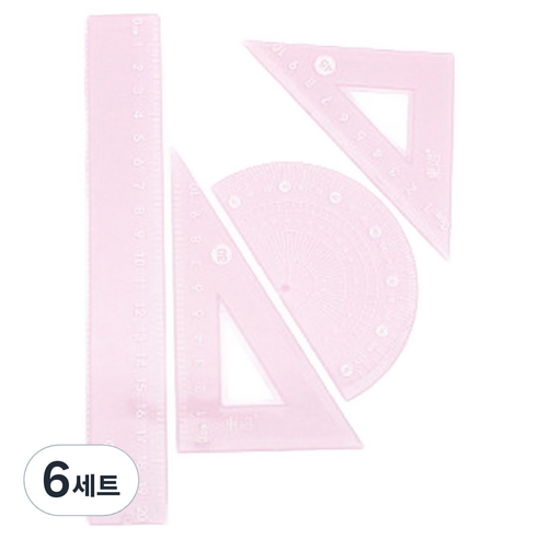 파스텔 자 + 삼각자 + 각도기 세트, 핑크, 6세트