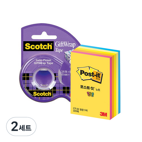 스카치 선물 포장 테이프 디스펜서 19mm x 16.5m +포스트잇 형광 큐브노트 CT-32, 혼합색상, 2세트