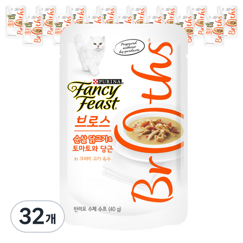 팬시피스트 브로스 고양이 간식 파우치, 순살 닭고기 + 토마토 + 당근 혼합맛, 40g, 32개