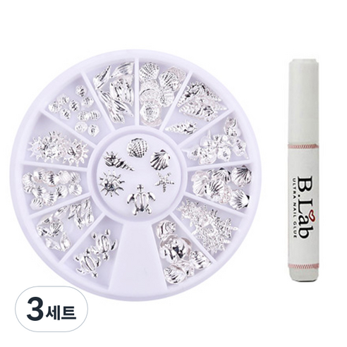 바블리 셀프네일 실버 참 스톤 바다 파츠 + 글루, 혼합 색상, 3세트