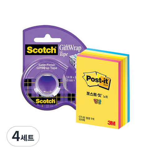 스카치 선물 포장 테이프 디스펜서 19mm x 16.5m +포스트잇 형광 큐브노트 CT-32, 혼합색상, 4세트
