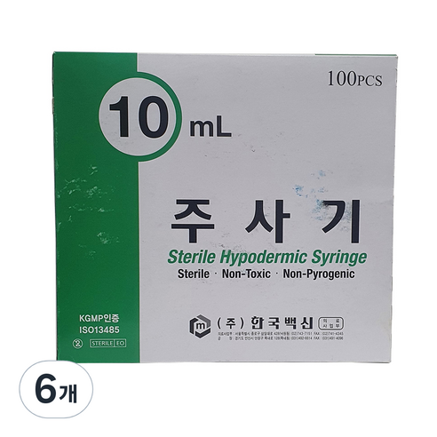 한국백신 일회용 주사기 10ml 23g 100p, 6개