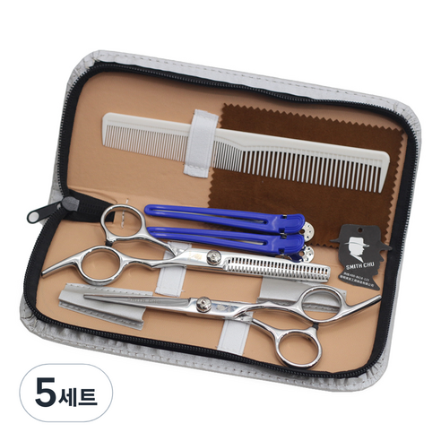 스미스츄 컷팅가위 + 틴닝가위 + 파우치 세트 양모가죽 랜덤발송, 혼합색상, 5세트