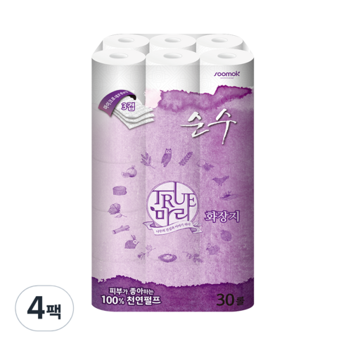 수목제지 트루마리 순수 3겹데코 화장지 18m, 30롤, 4팩