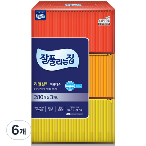 잘풀리는집 리얼실키 펄프 미용티슈 2겹, 280매입, 6개