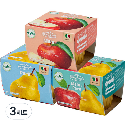 네츄럴누바 생과일 퓨레 상큼팩 200g x 3종 세트, 사과, 배, 사과 + 배 혼합맛, 3세트