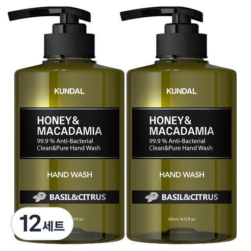 쿤달 클린 앤 퓨어 핸드워시 아로마에디션 바질앤시트러스향, 258ml, 12세트