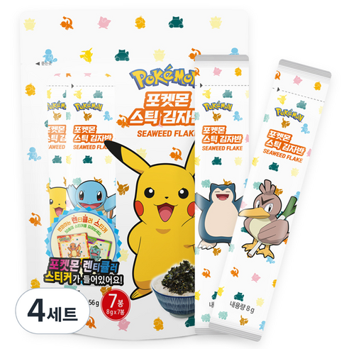 지도표성경 포켓몬 스틱 김자반 8g x 7p 랜덤발송 + 렌티큘러 스티커 랜덤발송 세트, 56g, 4세트