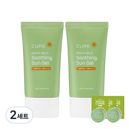 김정문알로에 큐어 아쿠아 마일드 수딩 선젤 50ml 2p + 2X 크림 3.5g x 2p + 클렌져 2ml x 3p, 2세트