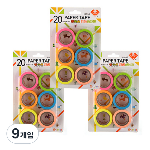 블루마토 종이테이프2 무지 형광 11036 6p, 분홍, 연두, 주황, 파랑, 노랑, 살구, 9개입