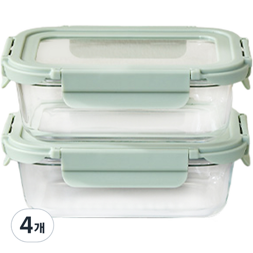 모던하우스 클리어글라스 오븐용 밀폐용기 직사각 640ml, 그린, 4개, 밀폐용기 2p