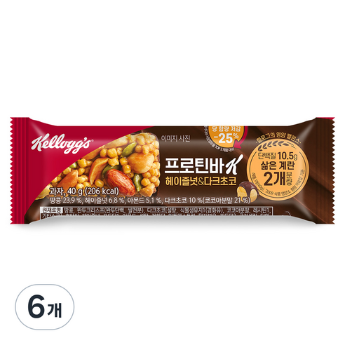 켈로그 프로틴바K 헤이즐넛 & 다크초코, 40g, 6개