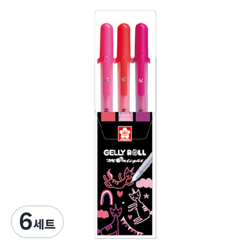 겔리롤 사쿠라 문라이트 3종 세트 A 1.0mm, 형광버밀리온, 형광핑크, 로즈, 6세트