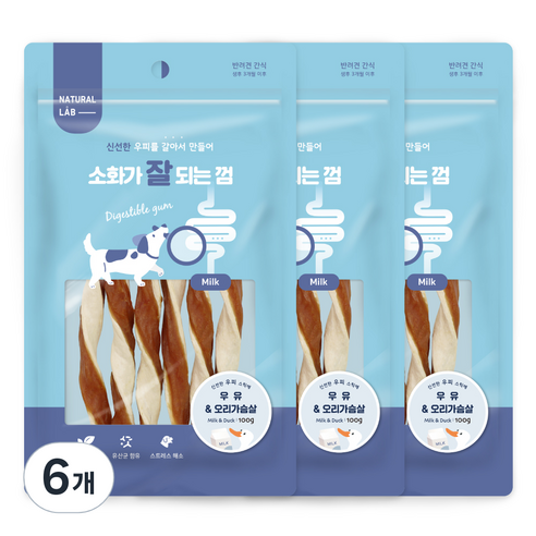 네츄럴랩 소화가 잘되는 껌 강아지 간식 100g, 6개, 우유 + 오리가슴살 혼합맛