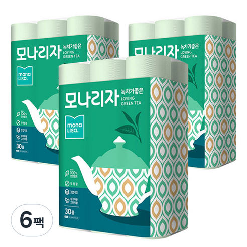 모나리자 녹차가좋은 펄프 3겹 화장지 30m, 30롤, 6팩