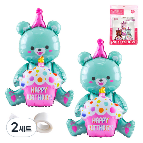 파티쇼 생일파티 곰돌이 은박 풍선 컵케익 2p + 글루닷 접착 스티커 세트, 민트(곰돌이 은박 풍선), 민트(곰돌이 은박 풍선), 2세트