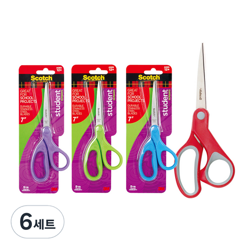 쓰리엠 스카치 학생용 가위 17.8cm + 스카치 다용도 가위 대 20.3cm 세트, 랜덤발송, 6세트