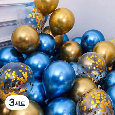 뷰라뷰 파티풍선 50p + 공기펌프 + 10m 리본 세트, 02 블루 + 골드 + 골드스팽글(랜덤발송), 3세트