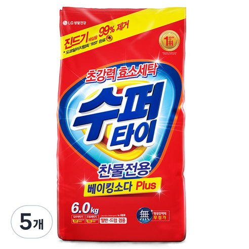 수퍼타이 찬물전용 베이킹소다 플러스 분말세제 리필, 6kg, 5개