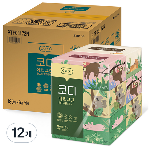 코디 에코그린 펄프 미용티슈 180매, 6개입, 12개
