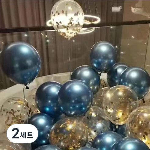 뷰라뷰 파티풍선 50p + 공기펌프 + 10m 리본 세트, 01 블루 + 골드스팽글(랜덤발송), 2세트