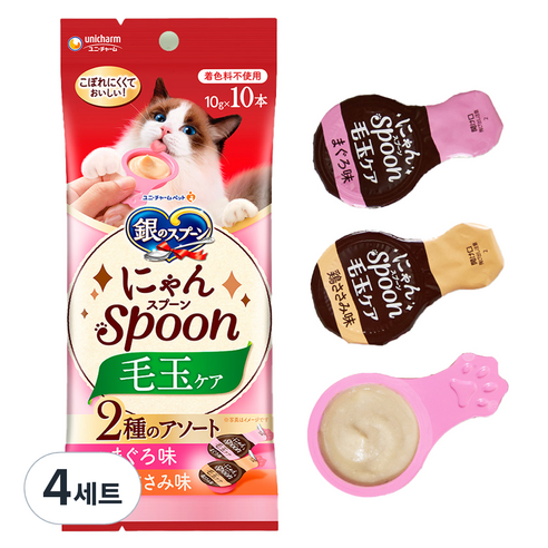 유니참긴노스푼 고양이 엘지유니참 헤어볼 스푼 간식 10g x 10p 세트, 4세트, 혼합맛(참치/닭가슴살)