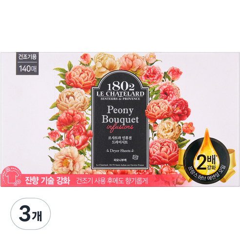 르샤트라1802 인퓨전 드라이 시트 섬유유연제 피오니 부케, 3개, 140매