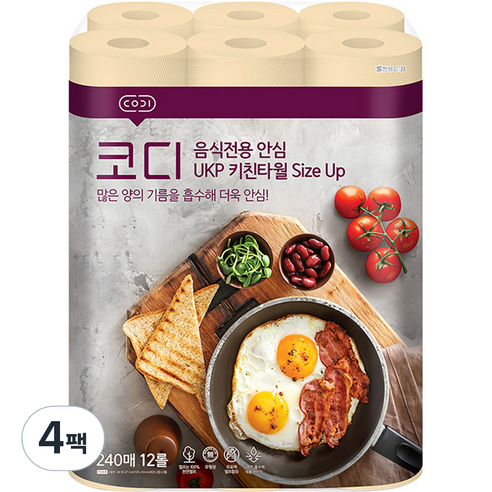 코디 음식전용 안심 Size Up 키친타올, 12롤, 4개