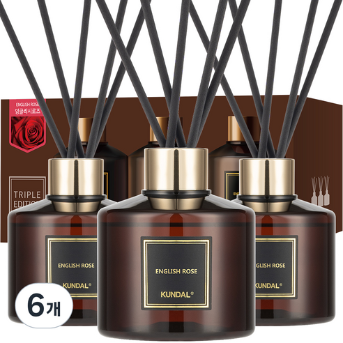 쿤달 퍼퓸 디퓨저 200ml 3개 + 섬유스틱 15개 세트, 잉글리시로즈향, 6개
