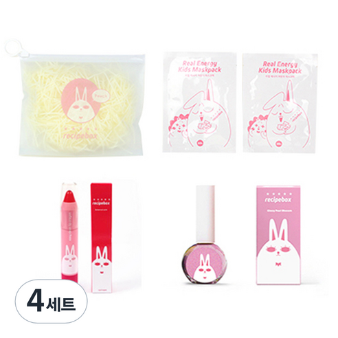 레시피박스 어린이 여행용 심플 메이크업 세트, 휴대용 파우치 + 어린이 마스크팩 2p + 립크레용 + 매니큐어 글로시펄 블라썸, 4세트
