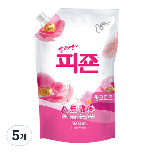 피죤 레귤러 섬유유연제 핑크로즈 리필, 1.6L, 5개