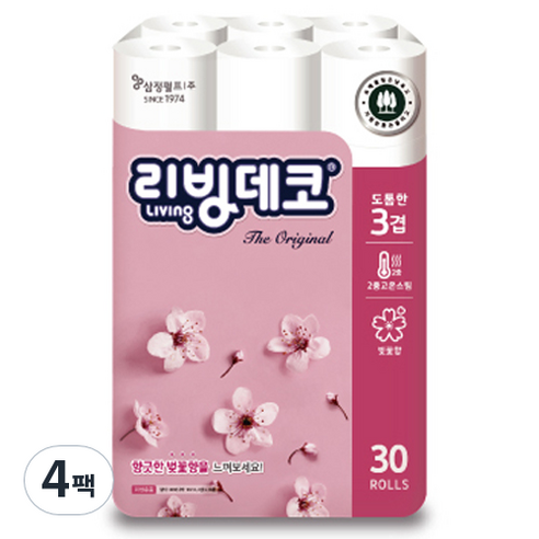 리빙티슈 더 오리지널 3겹 화장지 30m, 30개입, 4개