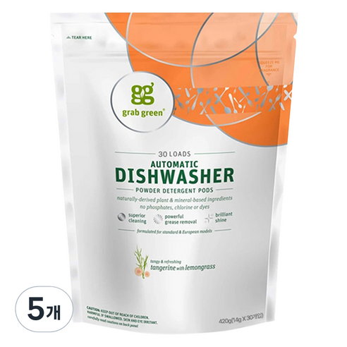그랩그린 식기 세척기 세제 탠저린 위드 레몬글라스 30p, 420g, 5개
