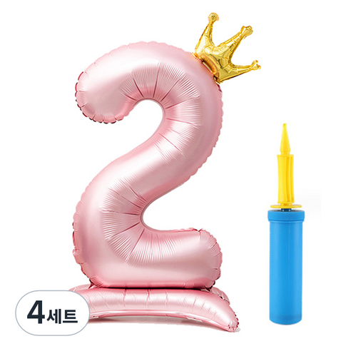 올리브파티 초대형 스탠딩 왕관 숫자 생일풍선 + 손펌프 세트, 핑크(숫자2), 4세트