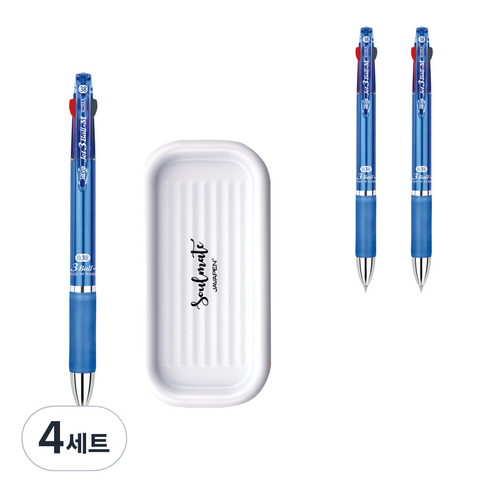 자바펜 제트3볼 M 펜 0.38mm 3p + 펜트레이 세트, 블루(볼펜), 랜덤발송(펜트레이), 4세트