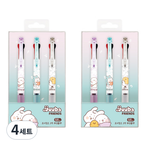 자바펜 쭈바프렌즈 쭈바3볼 초저점도 유성 3색 볼펜 0.5mm 3종 세트, 화이트, 민트, 퍼플, 4세트