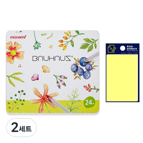 모나미 바우하우스 색연필 24색 +투코비 스티키 메모패드 노랑 세트, 혼합색상, 2세트