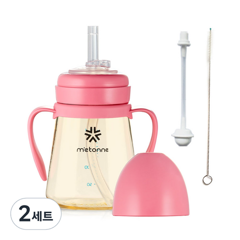 메똔느 PPSU NEW M3 빨대컵 + 추 빨대 + 세척솔, 200ml, 2세트, 핫핑크